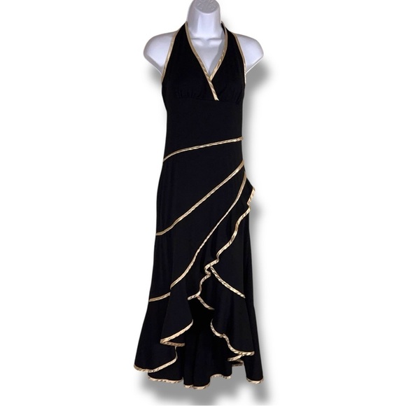 Large Juniors Vintage Y2K La Belle Dress Black Gold Satin Halter Layered Retro - Picture 1 of 13